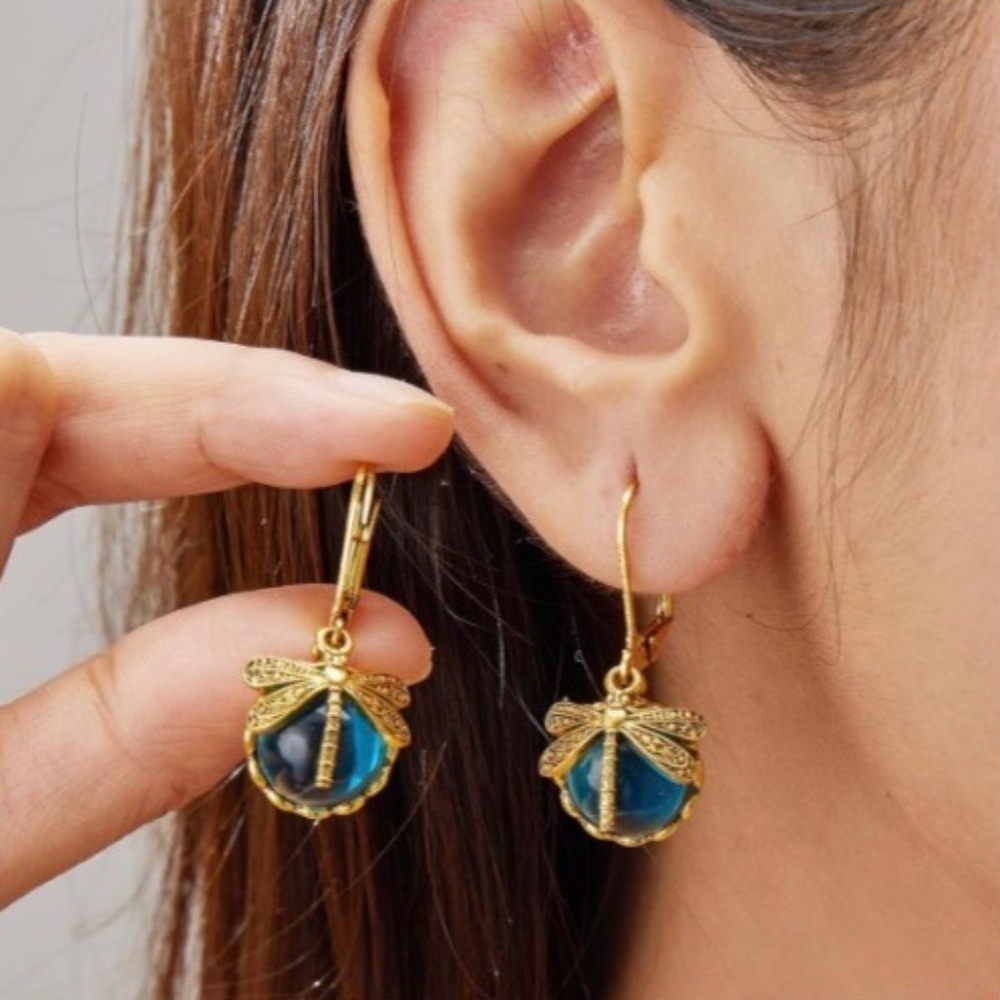 Vintage Metal Dragonfly Earrings Inky Blue Moonstone Brass Glass Cabochon